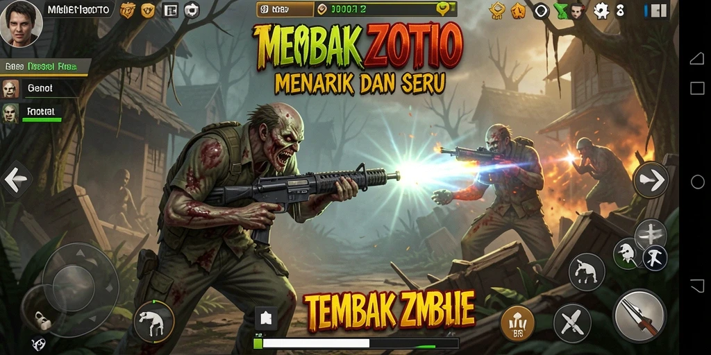 Tampilan antarmuka MESIRTOTO yang menampilkan aksi tembak zombie yang seru.